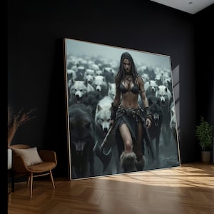 Fierce Warrior Woman with Wolves Canvas Wall Art, Fantasy Tribal Girl Print, Mystic Animal Pack Decor, Powerful Feminine Strength Painting