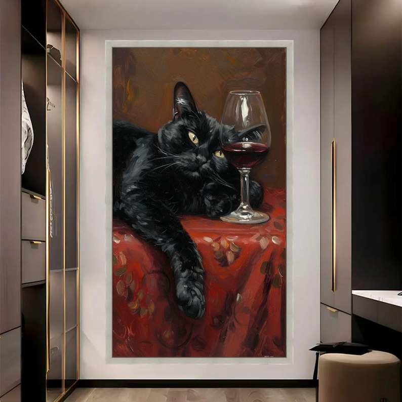 Relaxed Black Cat With Wine Glass Canvas, Cozy Home Decor, Animal Wall ...
