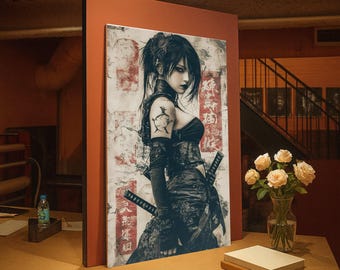 Dark Samurai Woman Canvas Wall Art, Gothic Warrior Portrait, Asian Tattoo Art, Sword and Shadow Design, Edgy Home Decoration