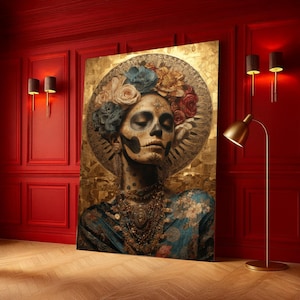 Day of the Dead Woman Canvas, Floral Skull Art, Gold Background