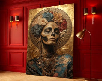 Lienzo de mujer del Día de Muertos, arte de calavera floral, fondo dorado