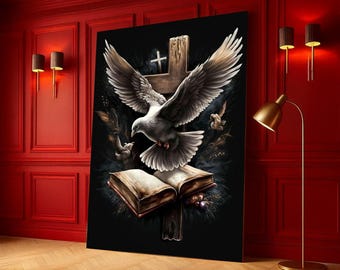 Dove and Cross Canvas Wall Art, Religious Bible Illustration, Spiritual Home Decor, Christian Symbolism Canvas, Inspirational Wall Art