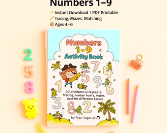 Learn & Trace Numbers 1–9 | Printable Activity Worksheets | Number Tracing, Mazes and Games | PDF Instant Download