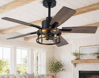 Ventilador de techo estilo granja de 52" con luz y control remoto / Ventilador industrial de jaula negro