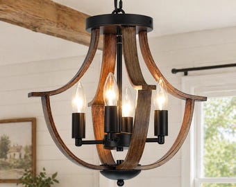 Lámpara colgante de estilo rústico de 4 luces para isla de cocina / Lámpara de techo empotrada estilo granja / Lámpara de araña de imitación madera