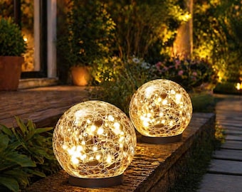Lámparas solares esféricas de cristal craquelado – Impermeables para jardín, patio y césped.