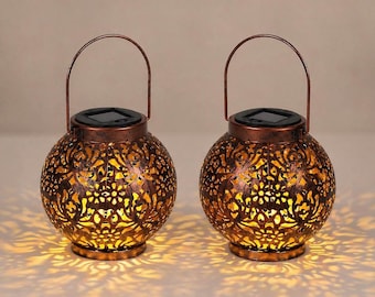 2-Pack Solar Lanterns – Bronze Hanging Lanterns with Floral Pattern (Waterproof)