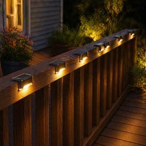 May include: Solar-powered deck lights illuminate a wooden railing at dusk. The black lights are mounted on the railing and cast a warm, inviting glow. The wooden deck and railing are stained a rich brown color.