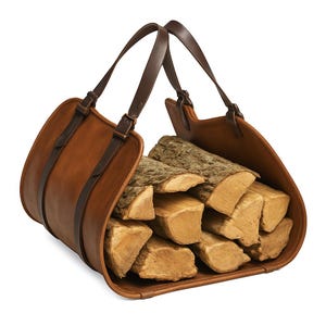 Könnte beinhalten: Ein brauner Leder-Holzträger mit dunkelbraunen Riemen und Griffen. Der Träger ist mit geschnittenem Brennholz gefüllt. Der Träger ist für das Halten und Transportieren von Brennholz konzipiert, mit einer robusten Konstruktion und einem klassischen Aussehen.