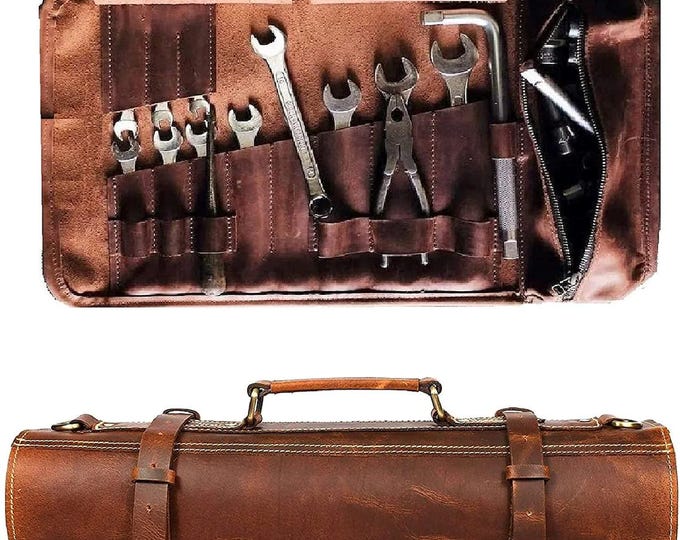 Custom Leather Tool Roll Up Bag: 17-Piece Motorcycle Wrench Organizer