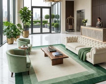 Modern Green Border Rug, Hand Tufted Wool Area Rug, Sage Emerald Minimalist Carpet.