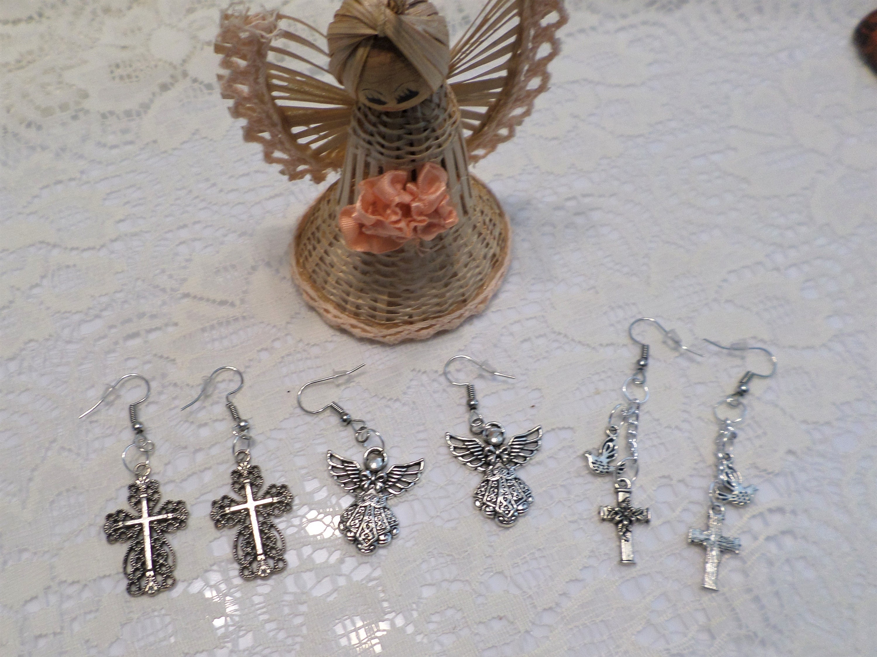 Silver Plated Peace Dove Crucifix Cross Drop Earrings - Handmade In UK, Nickel-Free
