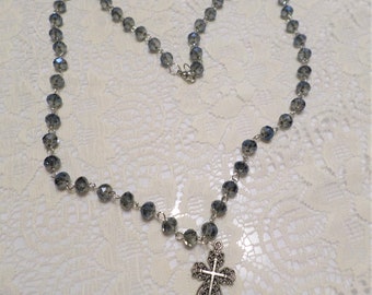 Blue Beaded Filigree Cross Necklace