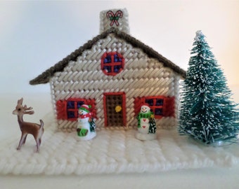 Red and White Christmas Village House Miniature Hand sewn Handmade in the USA One of a kind
