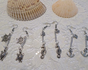 Nautical Seahorse Fish And Anchor  Sea Turtle Earrings PIERCED OR CLIP