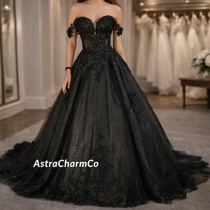 Vestido de novia gótico negro / Vestido de novia brillante con hombros descubiertos / Disfraz de Halloween / Hombros descubiertos / Regalo de San Valentín
