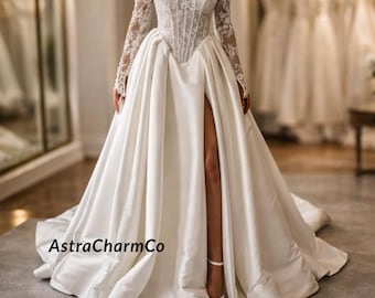 Suknia ślubna z satyny z odkrytymi ramionami | Długi rękaw, aplikacja, rozcięcie z boku | Suknia ślubna w kształcie litery A