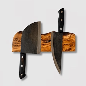Olive Wood Magnetic Knife Holder for Wall, Personalized Live Edge Knife Rack, Kitchen knife organizer, knife rack wall mount