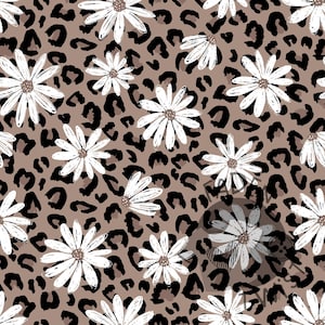 Könnte beinhalten: Ein nahtloses Muster mit weißen Gänseblümchen mit braunen Zentren, die über einem braunen und schwarzen Leopardenmuster-Hintergrund verstreut sind. Das Design ist eine Mischung aus floralen und Animal-Print-Elementen.
