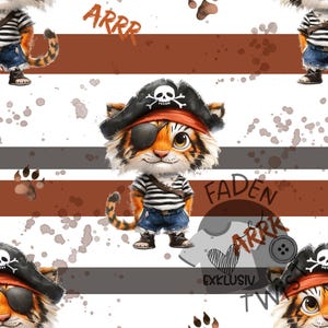 Könnte beinhalten: Nahtloses Muster mit Cartoon-Tigerpiraten in gestreiften Hemden, Piratenhüten und Augenklappen. Der Hintergrund hat braune und graue Streifen mit dem Wort "ARRR" und anderem Text.