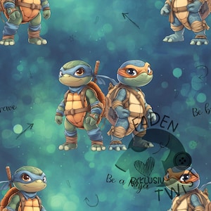 Könnte beinhalten: Ein sich wiederholendes Muster mit Cartoon-Teenage Mutant Ninja Turtles. Die Schildkröten haben grüne Haut, orange, blaue und rote Masken und braune Panzer. Der Hintergrund ist türkis mit Kritzeleien und Text.