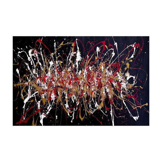 ブラック＆ゴールドのポロック風ドリップキャンバス - 手描きの抽象画