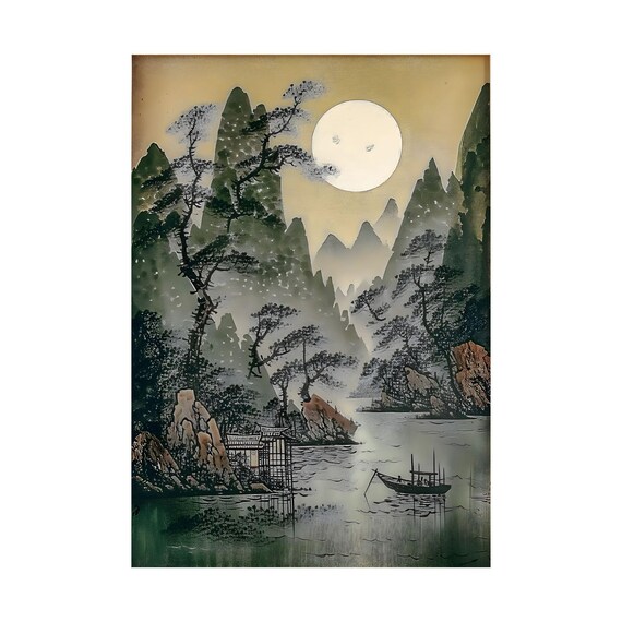 アジアの月光絵画 – 山、湖、ボートを描いた伝統的な中国の風景 アジアの月光絵画 – 山、湖、ボートを描いた伝統的な中国の風景