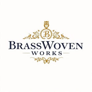 May include: Logo for BrassWoven Works, featuring an owl, a butterfly, and the letter "B" in a decorative gold design. The company name is in navy blue, with "WORKS" below in a smaller font. The background is white.