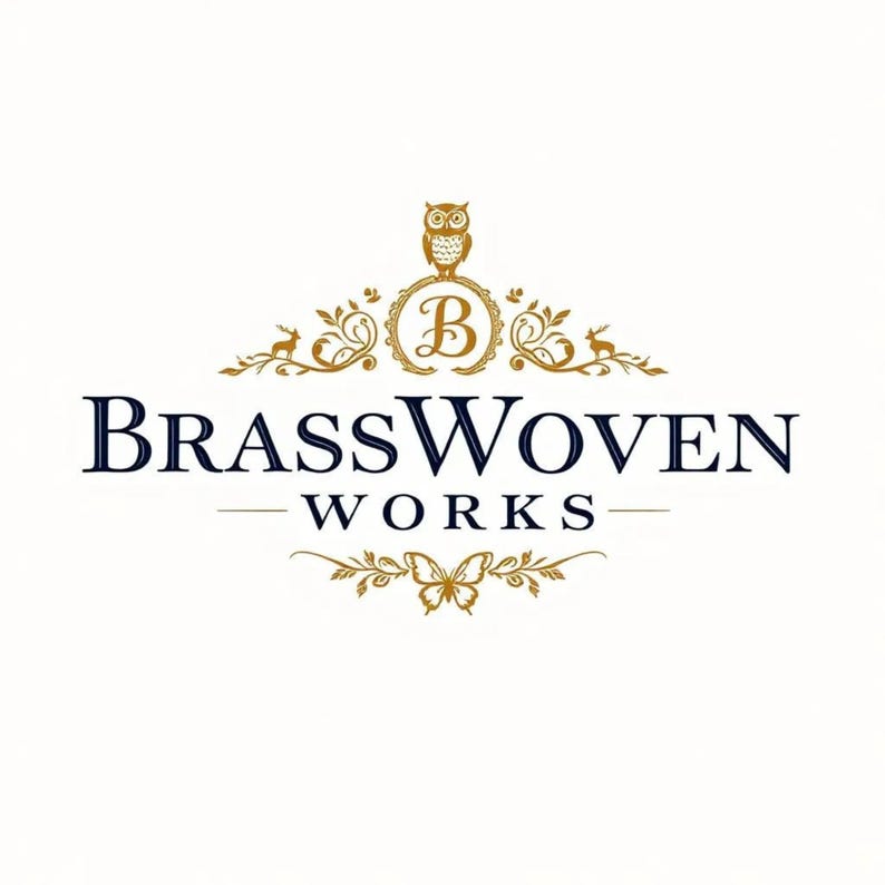 May include: Logo for BrassWoven Works, featuring an owl, a butterfly, and the letter "B" in a decorative gold design. The company name is in navy blue, with "WORKS" below in a smaller font. The background is white.