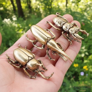 Può includere: Tre figurine di scarabei in ottone con dettagli intricati, tra cui antenne e corpi segmentati. Gli scarabei variano per dimensioni e forma, uno con grandi mandibole. Le figurine sono esposte su uno sfondo verde sfocato.