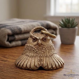 May include: A detailed brass owl figurine with a ring handle. The owl has intricate feather detailing and a wide base. The figurine is a warm gold color and sits on a wooden surface. The background includes a folded blanket and a small potted plant.