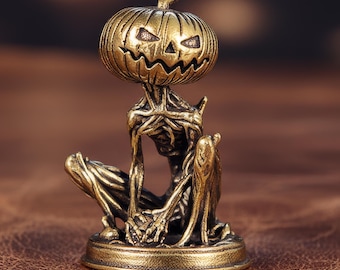 Brass Pumpkin Head Warrior Desk Ornament Bronze Miniature Figurine Rustic Goblincore Academia Collectible Sculpture Halloween Home Decor