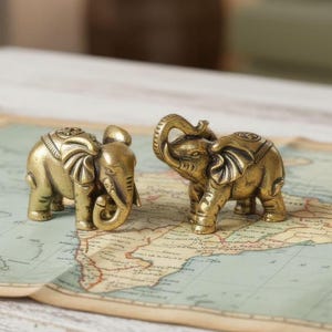 Hand Polished Brass Elephant Figurine Set | Handcrafted Miniature Decor Pair with Raised & Lowered Trunks | Polished Collectible Ornaments