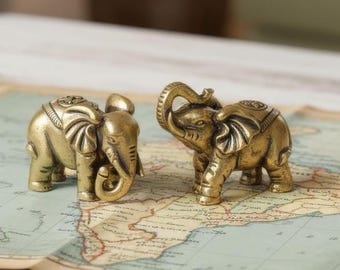 Hand Polished Brass Elephant Figurine Set | Handcrafted Miniature Decor Pair with Raised & Lowered Trunks | Polished Collectible Ornaments