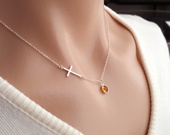 Side cross sterling silver delicate necklace hand stamped initial charm birthday anniversary friends gift Simple everyday necklace Alphabet