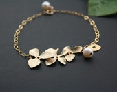 Delicate Orchid Flower Bracelet with Elegant freshwater pearl and Customized Initial leaf - Available Gold and Silver, wedding Bracelet gift