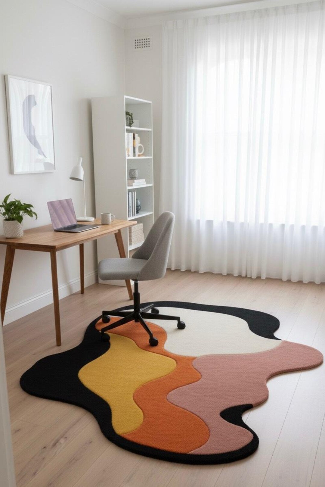 Rcc Rugs Mid-century Modern Abstract Rug: Organic Wavy Shape, Black Mustard ...