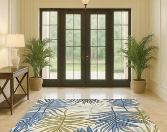 Hand-Tufted Wool Area Rug – Tropical Palm Leaf Botanical Design