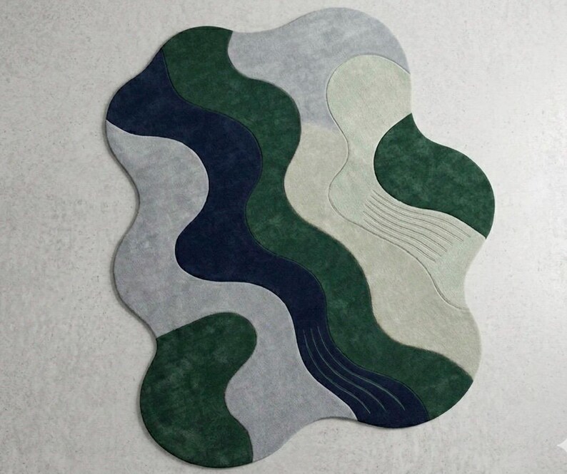 Hand-tufted Abstract Wave Rug, Light Blue Organic Floor Art - Etsy