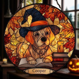Personalized Stained Glass Pet Suncatcher, Custom dog Portrait Photo, Pet Memorial Gift, golden retriever Pumpkin, Halloween Decor, Witch