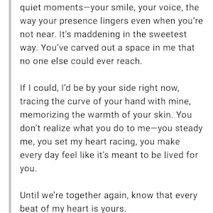 May include: A handwritten letter with the text "My beloved [Name]," followed by a heartfelt message expressing deep affection and longing. The letter concludes with "Eternally, [Character Name]."