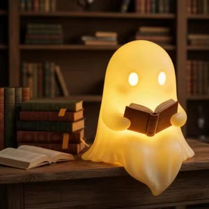 May include: A glowing, translucent, off-white ghost-shaped lamp with two round eyes, holding a small, open brown book. The lamp emits a warm, soft light, illuminating the figure and the book it holds, creating a gentle, ambient glow.