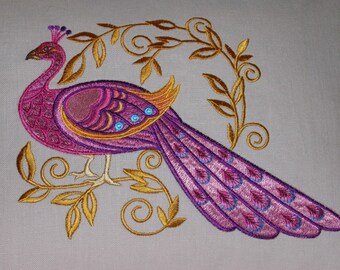 Peacock in Pink Embroidered Linen Pillow, Peacock Accent Pillow, Designer Pillow, Embroidered Linen Pillow, Pink and Gold Peacock