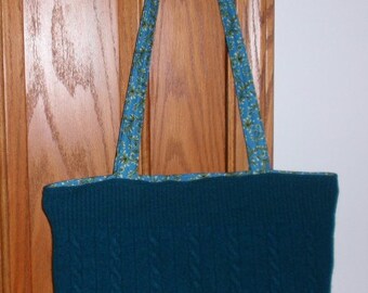 Teal Wool Zipper Tote Upcycled Wool and Cotton Eco-friendly Tote