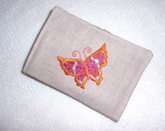 Cartera de té de lino bordado, bordado de mariposa, fiesta de té, cartera de té de tela