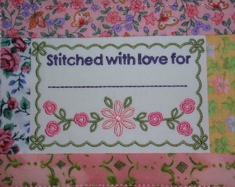 Quilt Label Embroidered with Flowers and Pieced Frame