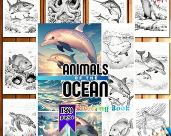 May include: A collection of coloring book pages featuring various marine animals, including sharks, dolphins, and turtles. The central image displays the title "Animals of the Ocean" with the text "120 pages" and "Coloring Book". Colored pencils frame the image.
