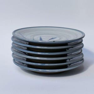 May include: A stack of six ceramic plates. Each plate has a light blue rim and a gray and white swirl pattern on the inside. The plates are stacked on top of each other against a white background.