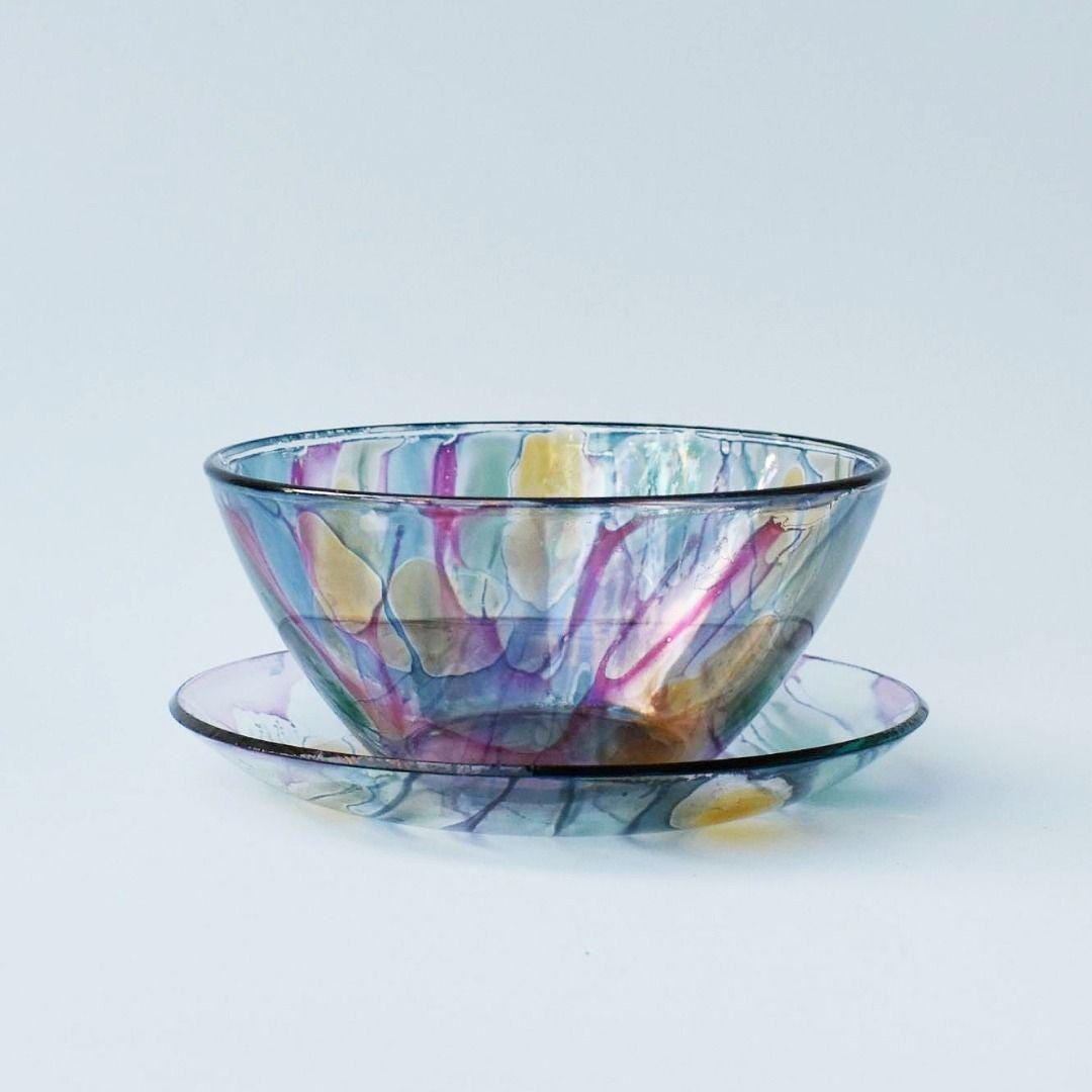 Vintage Arcoroc France Hand Painted Rueven Art Glass Bowl & Plate