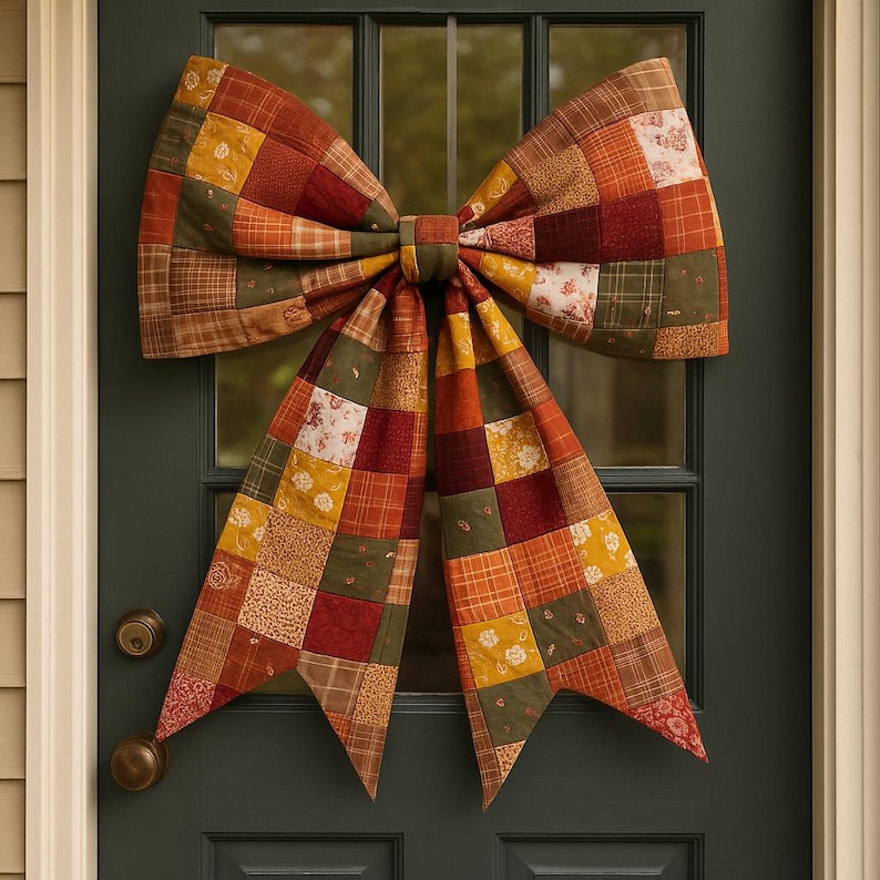 May include: A large, quilted bow in autumn colors, including shades of orange, red, yellow, and green, hangs on a dark green door. The bow is made of patchwork squares in various patterns and textures, creating a rustic, decorative accent.